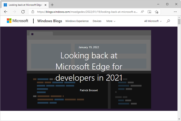 博客文章的屏幕截图：回顾 2021 年面向开发人员的 Microsoft Edge