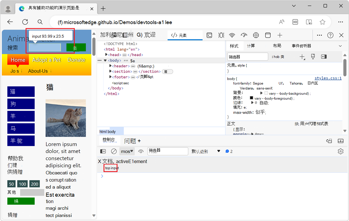 在呈现的网页中突出显示的焦点元素