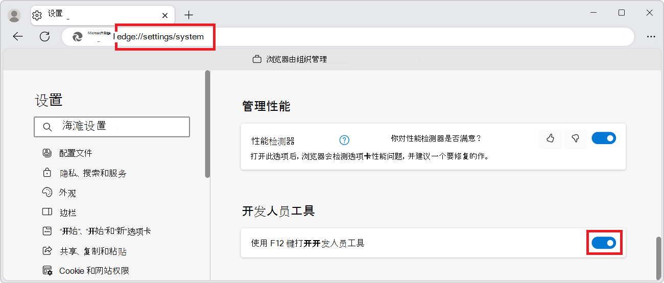 “Edge 设置”页，其中包含“开发人员工具”部分和用于禁用 F12 键的开关