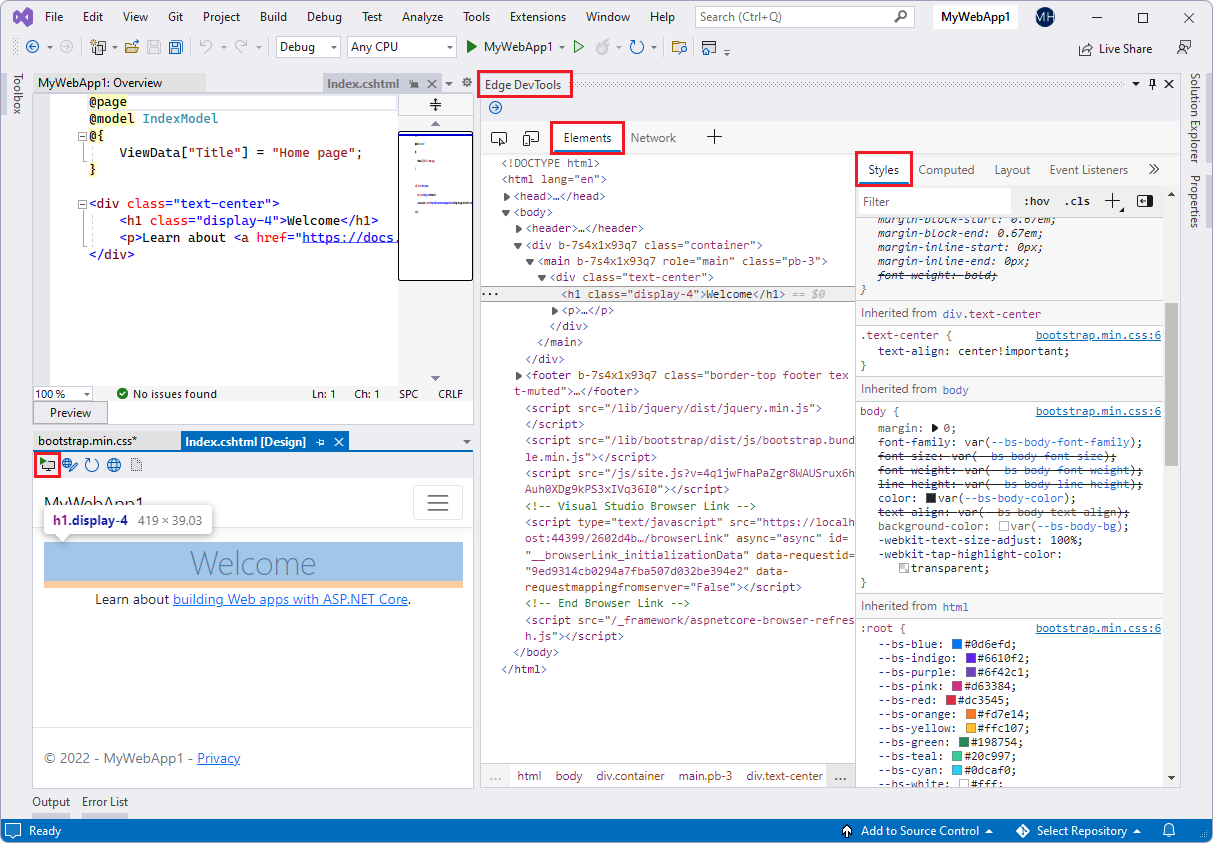适用于 Visual Studio 的 Microsoft Edge 开发人员工具：DevTools 的元素工具