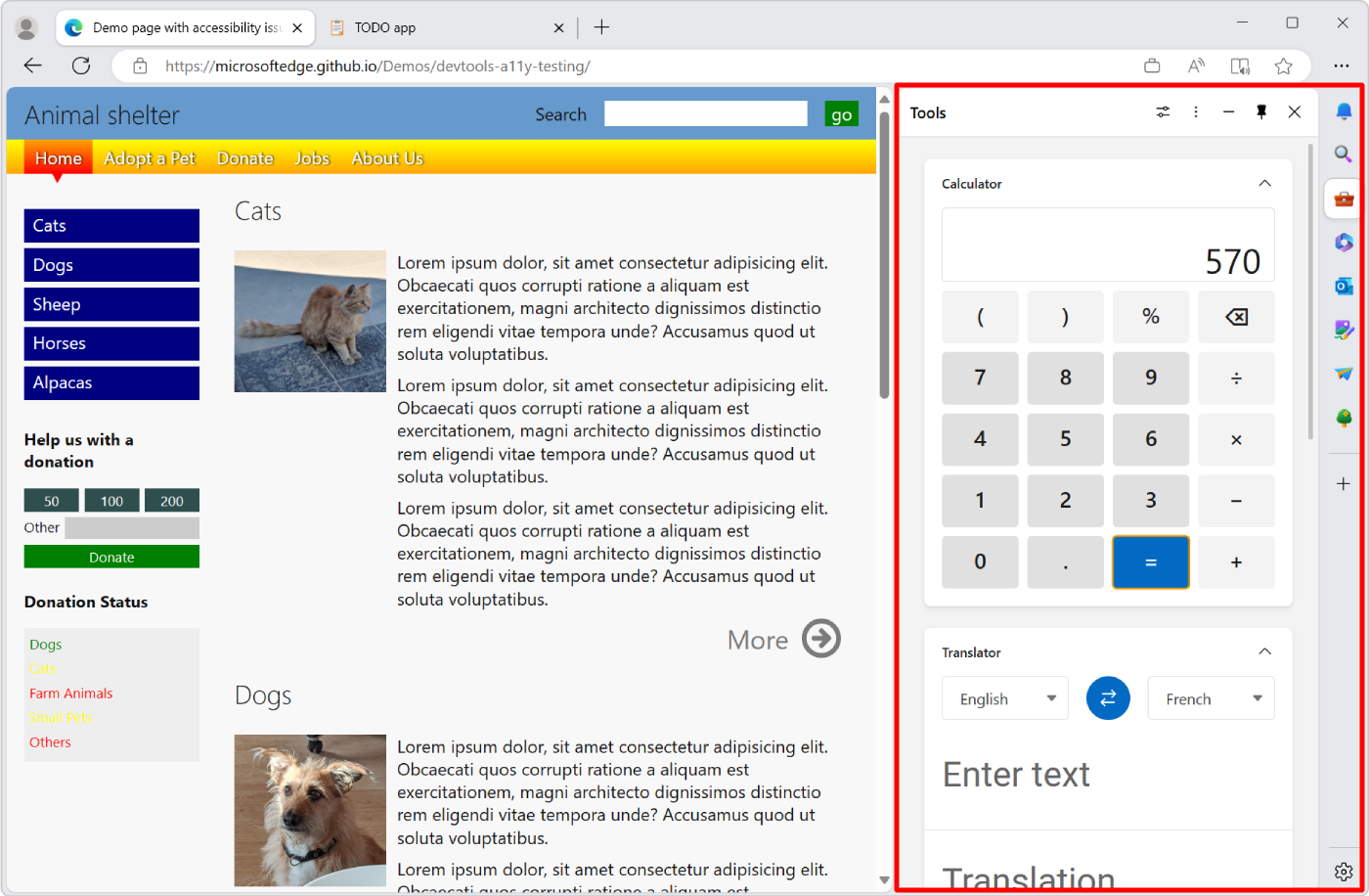 Microsoft Edge 中的边栏，其中显示了有用的工具，以及“main”选项卡