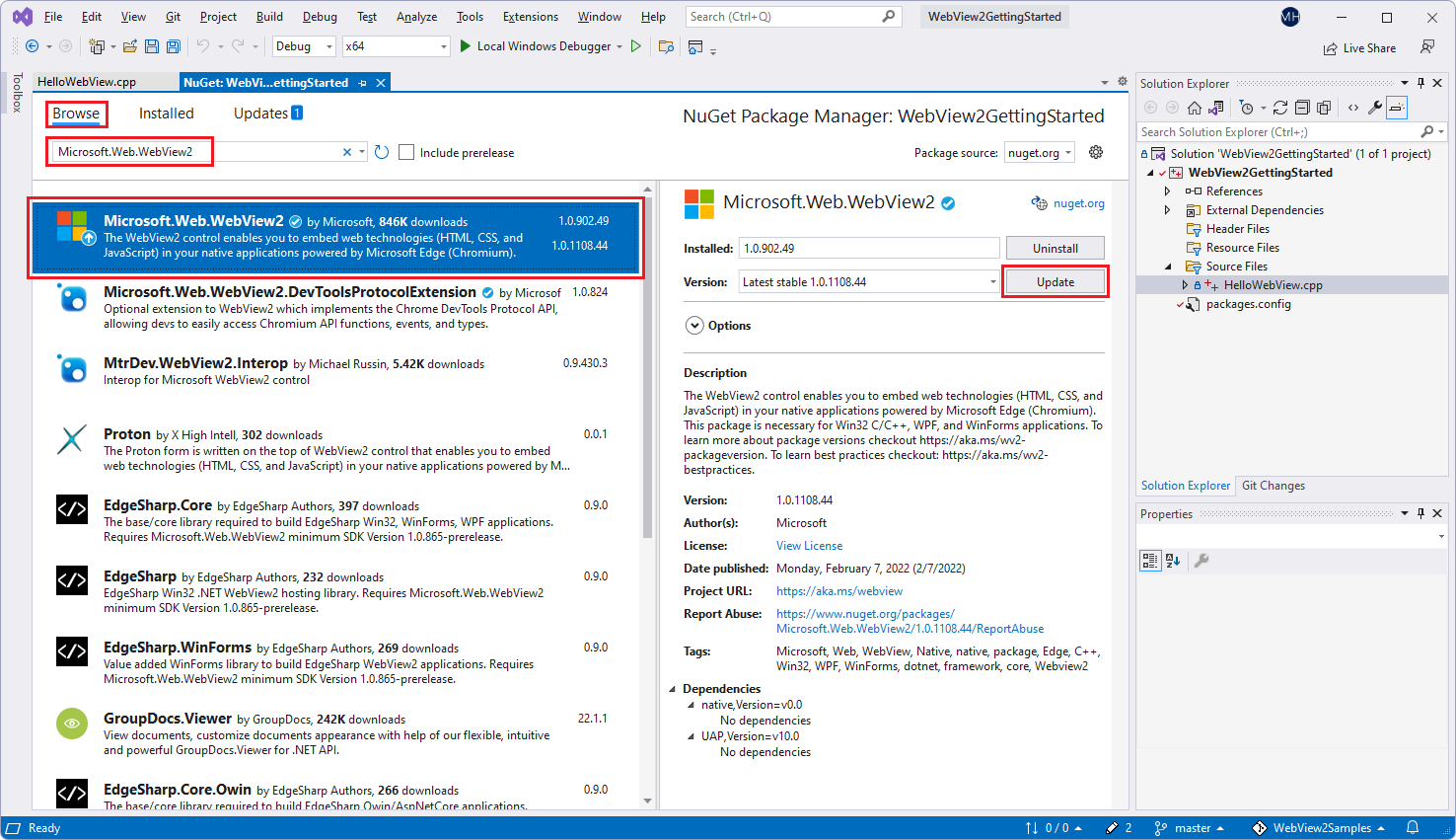 在 Visual Studio 的 NuGet 包管理器中选择“Microsoft.Web.WebView2”包