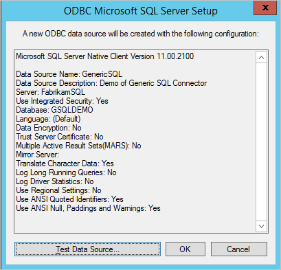 显示新 O D B C 数据源的配置详细信息和“测试数据源”按钮的屏幕截图。