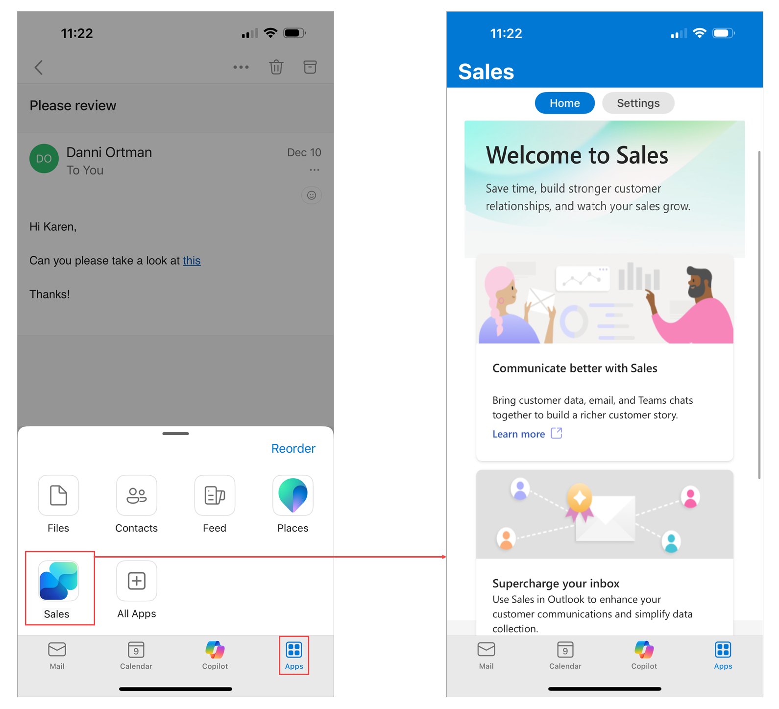 Screenshot for Sales personal app opened in Outlook mobile app.