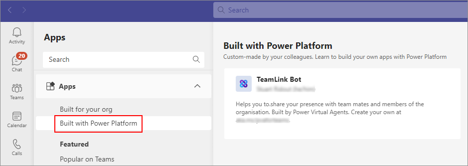 “应用”页面的屏幕截图，显示“使用 Power Platform 生成”中列出的 Microsoft Power Platform 应用。