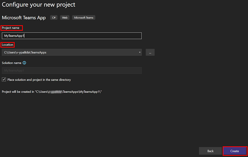 屏幕截图显示了 Visual Studio 中的项目名称、位置和“创建”选项。