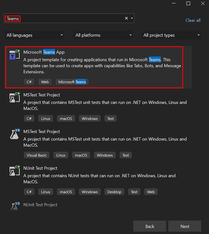 屏幕截图显示了 Visual Studio 中的 Microsoft Teams 应用选项。