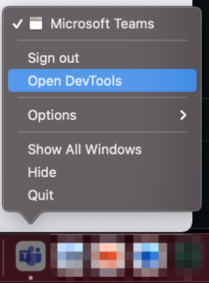 屏幕截图显示了从 macOS 扩展坞打开 DevTools 的选项。