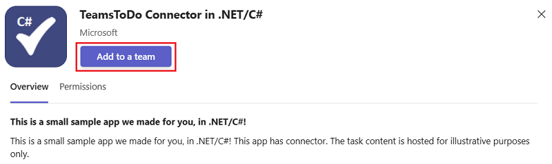 .NET/C# 中的 TeamsTodo 连接器的屏幕截图，其中“添加到团队”以红色突出显示。