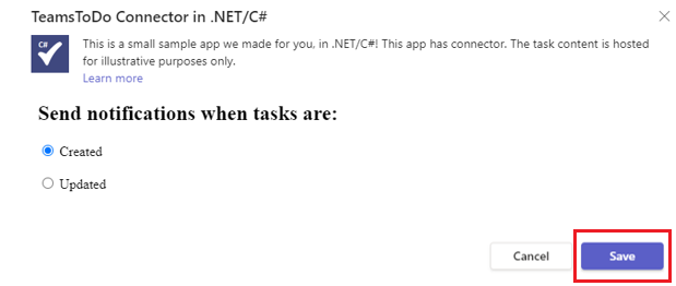 .NET/C# 中的 TeamsTodo 连接器的屏幕截图，其中以红色突出显示了“保存”选项。