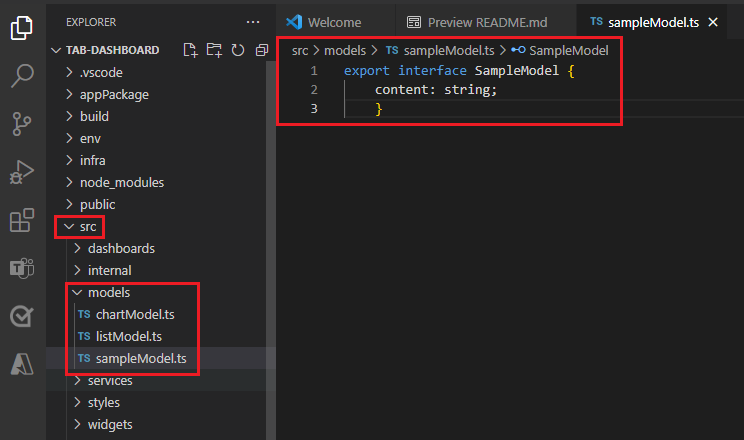 屏幕截图显示了在 Visual Studio Code 的 models 文件夹下创建 sampleModel 文件。