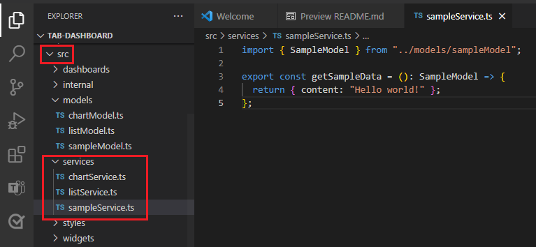 屏幕截图显示了在 Visual Studio Code 中的 service 文件夹下创建 sampleService.ts 文件。