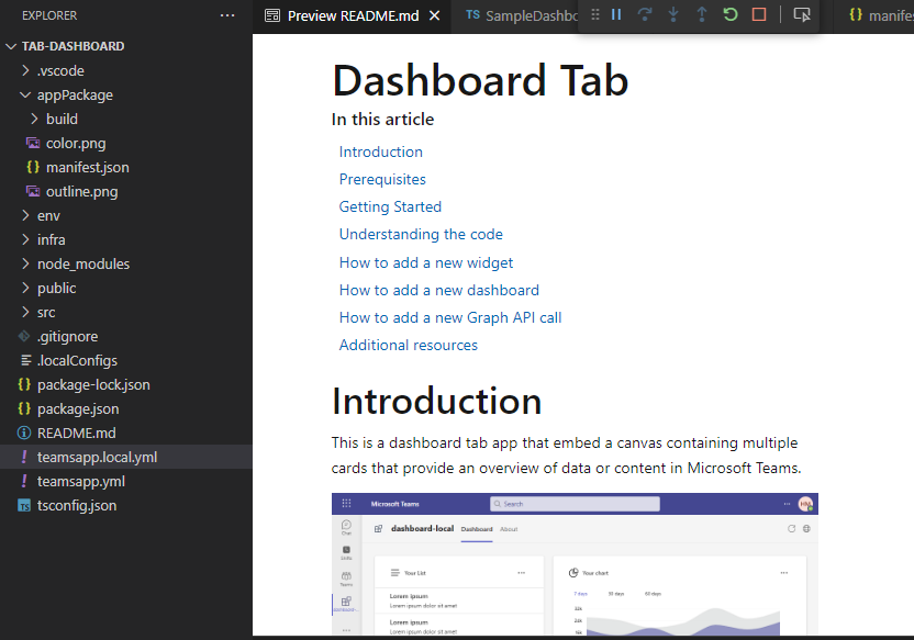 屏幕截图显示了 Visual Studio Code 中的 teams 选项卡应用仪表板预览。