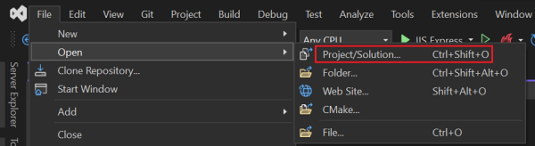 屏幕截图显示如何在 Visual Studio 中打开项目。