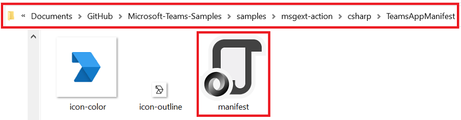 Teams 应用清单文件夹的屏幕截图，其中突出显示了红色的文件路径和清单文件。