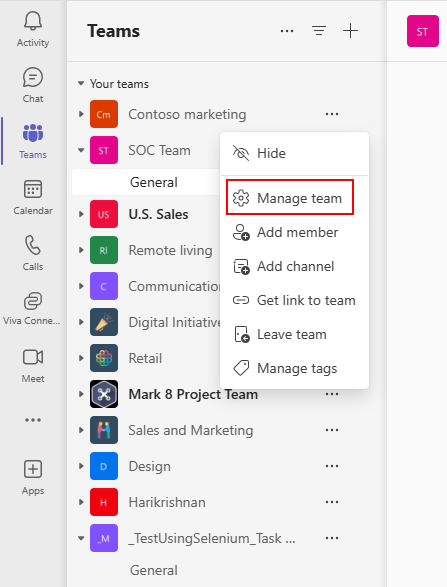 Teams 应用的屏幕截图，其中“Contoso”下拉菜单下以红色突出显示了“管理团队”选项。