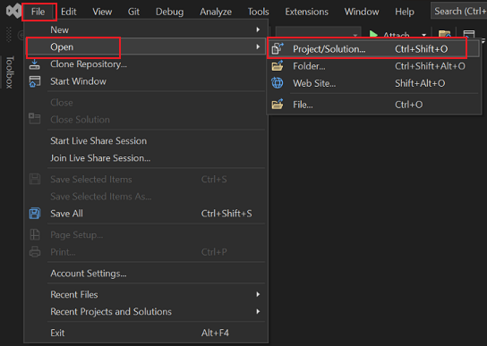 Visual Studio 的屏幕截图，其中突出显示了“文件”、“打开”和“项目/解决方案”。