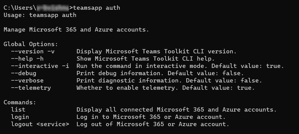 屏幕截图显示了 teamsapp auth 命令。