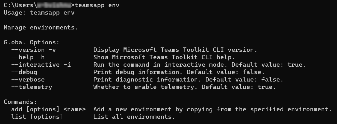 屏幕截图显示了 teamsapp env 命令。