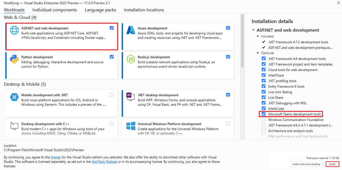 Visual Studio Enterprise预览版的屏幕截图，其中显示了“Asp.NET 和 Web 开发”选项、“安装详细信息”下的“Microsoft Teams 开发工具”，并突出显示了红色的“安装”。