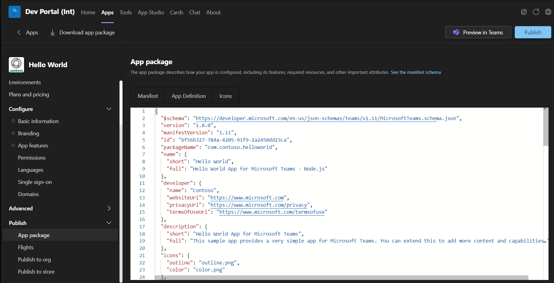 显示开发人员门户中应用清单文件的图像的屏幕截图。