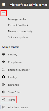屏幕截图显示用于在“管理员中心”下选择“Teams”的选项。