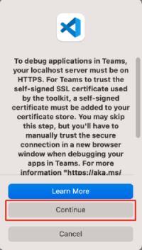 显示提示安装 SSL 证书以允许 Teams 从 Mac 上的 localhost 加载应用程序的屏幕截图。