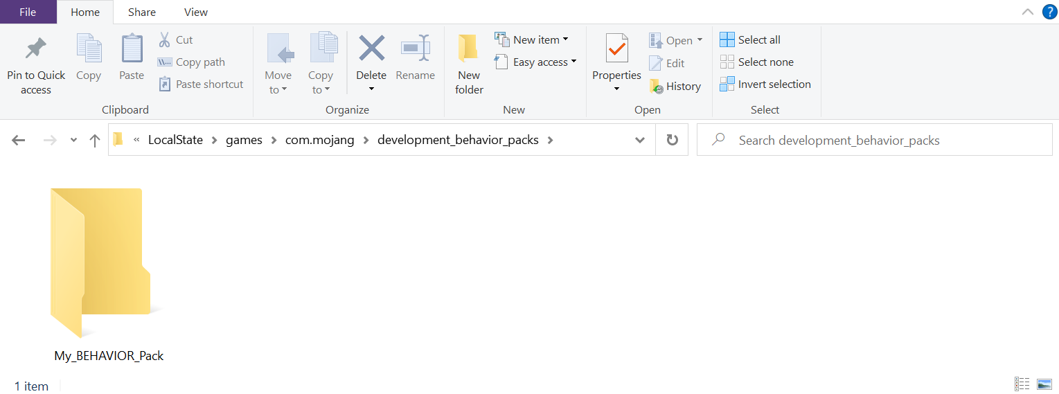 位于 com.mojang development_behavior_packs 文件夹中的 My_BEHAVIOR_Pack 文件夹的图像