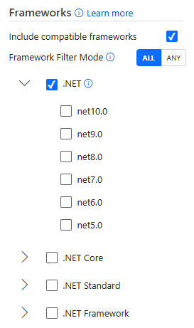 显示 nuget.org 上的框架筛选器的屏幕截图。在扩展的 .NET Framework 下，列出了从 .NET 5.0 到 .NET 10.0 的框架。