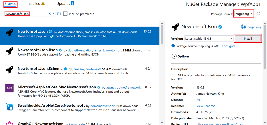 显示“NuGet 包管理器”窗口的屏幕截图，选中了“浏览”选项卡。