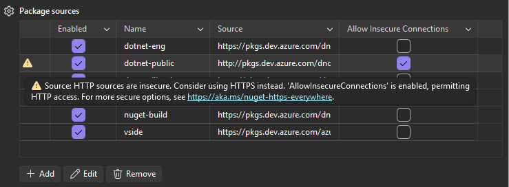 启用了 HTTP 源警告和“允许不安全连接”的“包源”页