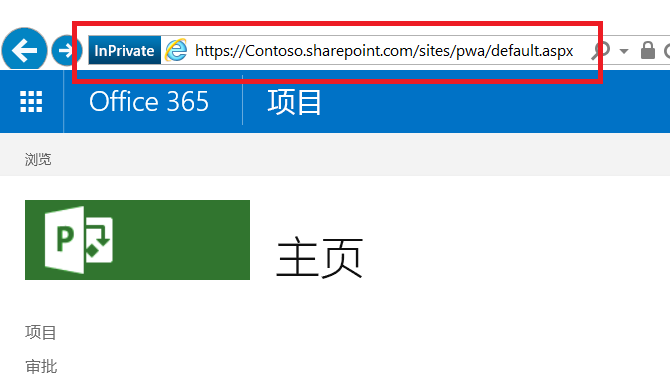 红色边框内项目网站集 URL 的屏幕截图。