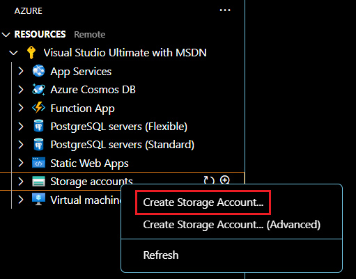 在 Azure 扩展中选择“存储帐户 > ”“创建存储帐户”。
