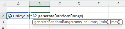 在 Excel 中输入 generateRandomRange 方法的屏幕截图。