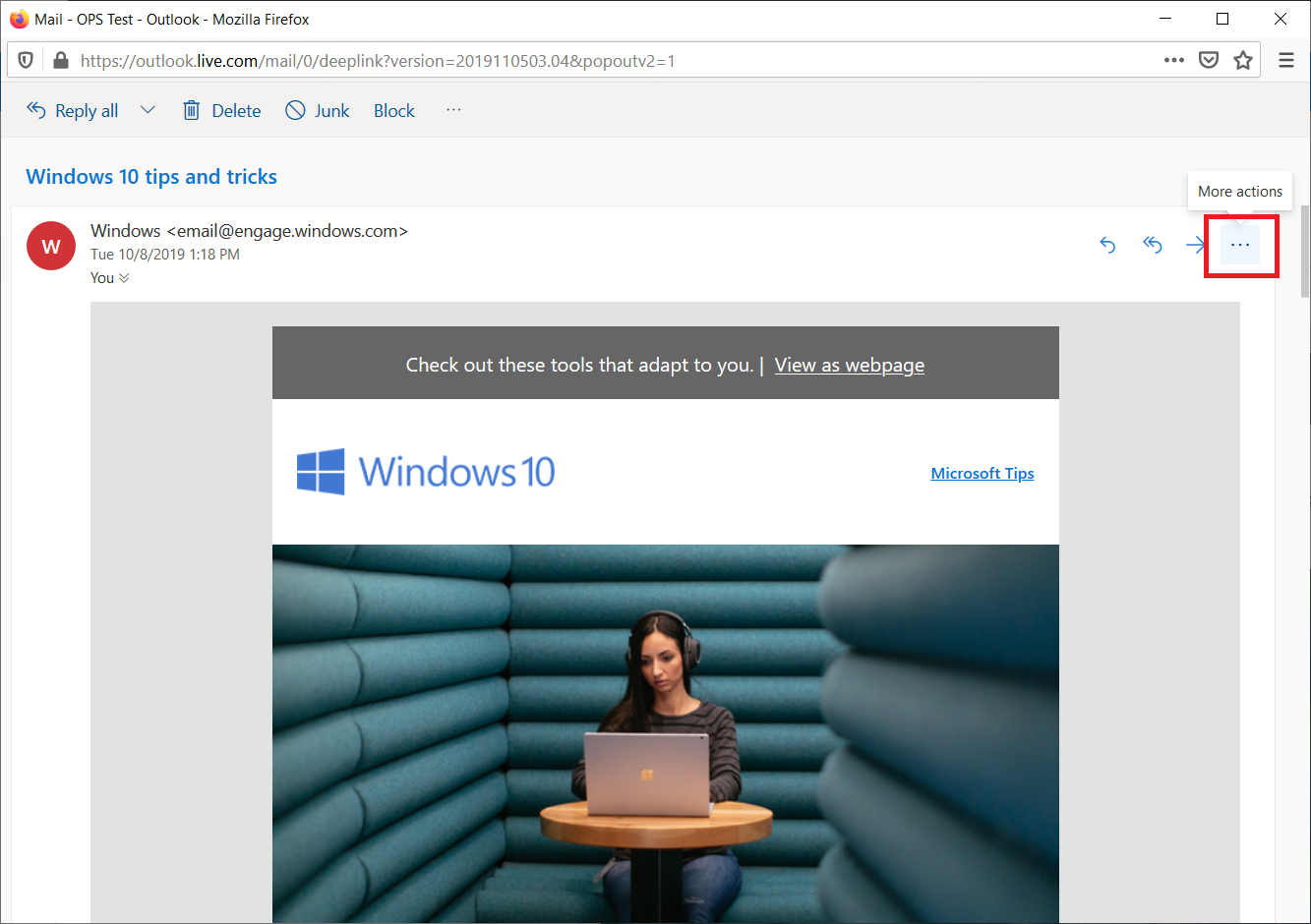 Outlook 网页版中的邮件窗口，其中突出显示省略号。