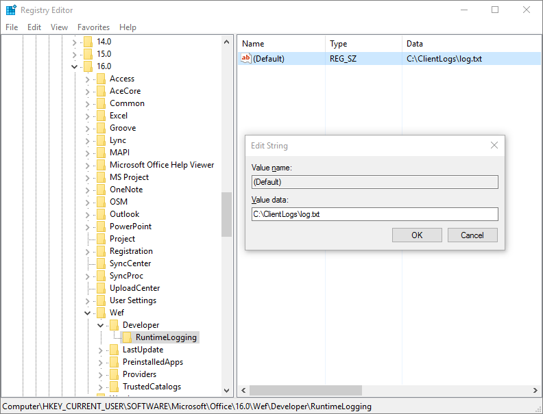具有 RuntimeLogging 注册表项的注册表编辑器。