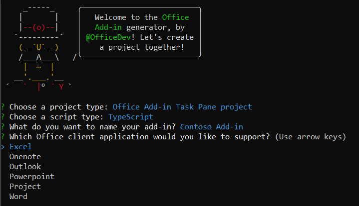 用户将项目命名为“Contoso 外接程序”之后的 Yo Office 界面。它显示在 Yeoman 生成器中显示 Office 应用程序的提示以及可能的答案。