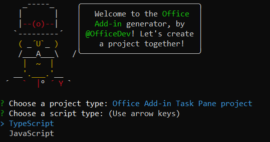 用户选择“Office 加载项任务窗格项目”后，“Yo Office”界面对前面的问题。它显示 Yeoman 生成器中的语言提示以及可能的答案 TypeScript 和 JavaScript。