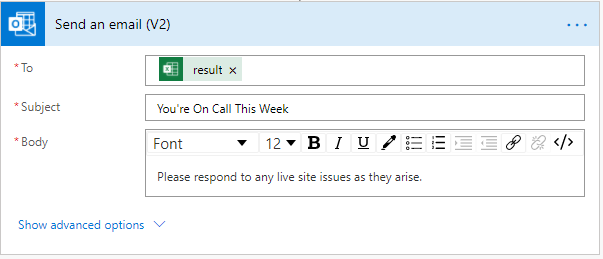 显示Office 365 Outlook 连接器的操作的操作选择任务窗格。突出显示了“发送电子邮件 (V2) ”操作。