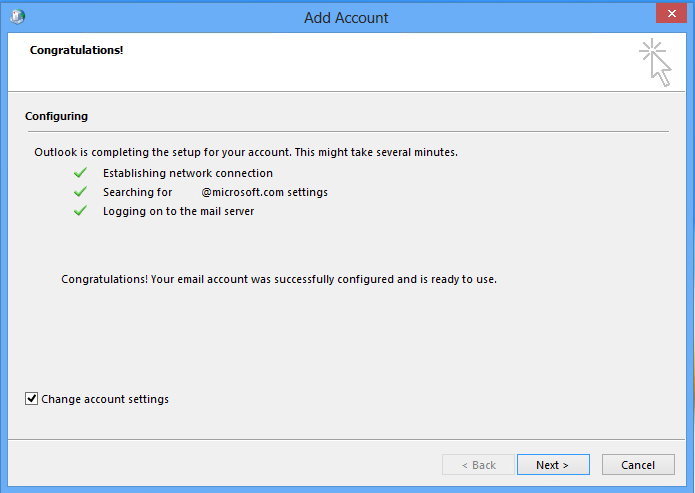 Outlook 在“添加帐户”窗口中完成帐户设置的屏幕截图。