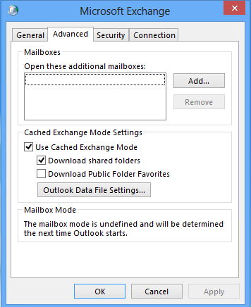 Microsoft Exchange 窗口的屏幕截图，其中“高级”选项卡上有“Outlook 数据文件设置”按钮。