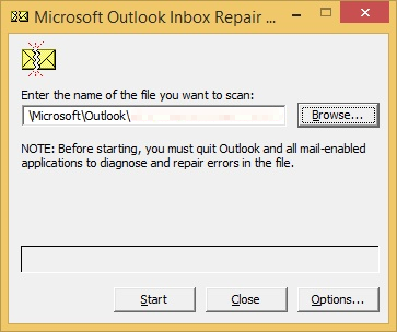 屏幕截图显示修复“收件箱修复”工具中的 .pst 文件的步骤。