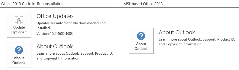 屏幕截图显示了 Office 帐户下基于 MSI 的 Office 即点即用版本和基于 MSI 的版本之间的差异。