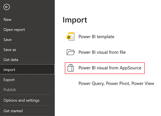 显示如何从 Power BI 文件菜单访问 AppSource 中的 Power BI 视觉对象的屏幕截图。