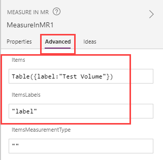 Microsoft Power Apps Studio 中正在构建的 Measure in 3D 控件的屏幕截图，并排显示的是其 Items 和 ItemsLabels 属性。