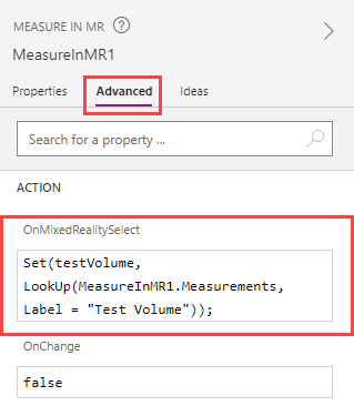 Microsoft Power Apps Studio 中正在构建的 Measure in 3D 控件的屏幕截图，并排显示了其 OnMixedRealitySelect 属性。