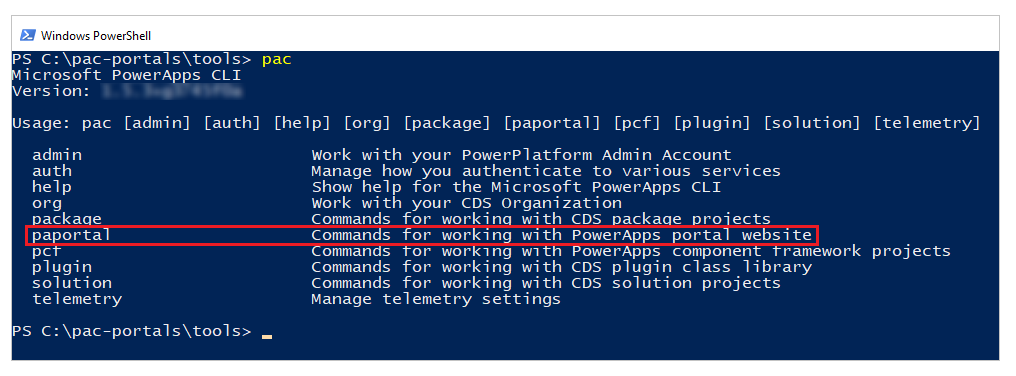 在 Microsoft Power Platform CLI 中确认 paportal 命令。