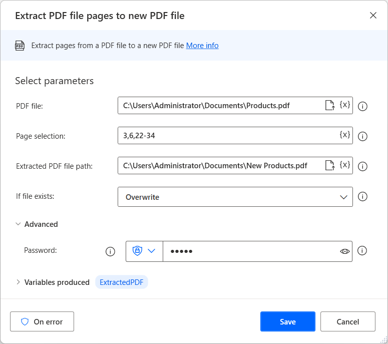 “将 PDF 文件页面提取到新的 PDF 文件中”操作的屏幕截图。