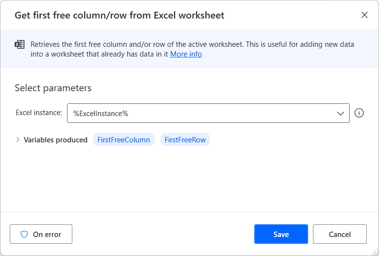 “获取 Excel 工作表中的第一个空闲列/行”操作的屏幕截图。