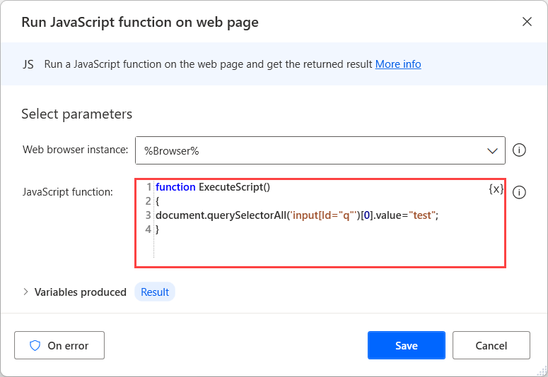 配置为填充文本字段的“在网页上运行 JavaScript 函数”操作的屏幕截图。